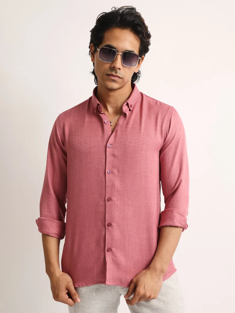 مانياك Maniac Mens Solid collared Neck Full Sleeve Super Twill Fabric Pink Shirt